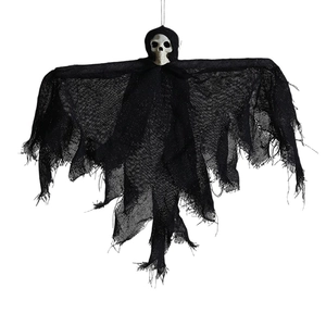 Hanging Halloween skeleton ghost decoration with black gauze robes and flying wings