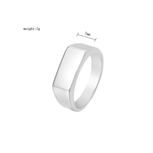 Detail view of 7mm minimalist silver stainless steel signet ring weighing 7 grams