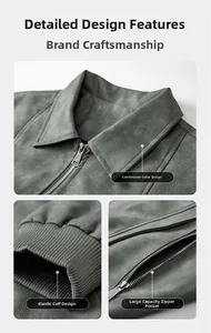 Detailed views of dark grey vintage jacket showing lapel collar, ribbed cuffs and zip pocket