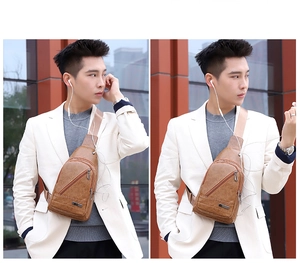Outdoor shot of men's brown PU leather chest bag with retro lychee texture on casual suit