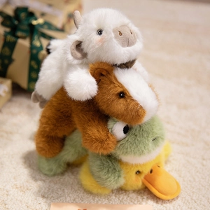 Stack of plush cow, horse, frog, and duck toys made of soft high-quality long-fiber plush