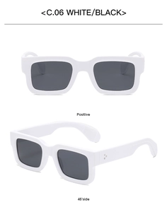 Front and 45-degree side views of white thick-frame sunglasses with silver rivets