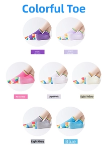 Detail of colorful yoga socks featuring separate toes and anti-slip silicone grip dots