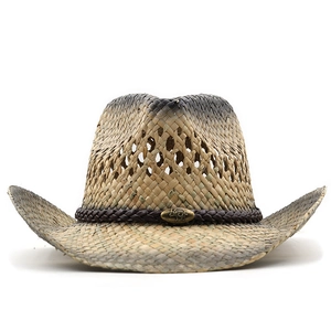 Chapeau de paille de style western vintage avec dégradé et emblème métallique de taureau