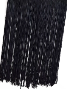 Detailed macro view of high-density black silky long fringe trim with vertical texture