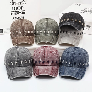 Set of six distressed washed baseball caps with vintage letter patches and lightning detail
