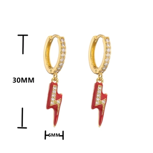Gold lightning bolt earrings with red enamel and white zircon pavé, 30mm height
