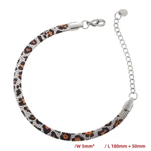 Detailed 5mm silver stainless steel snake chain bracelet with orange leopard print pattern