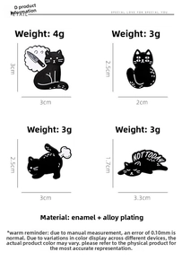 Detailed size chart for four unique black cat enamel pins made of zinc alloy