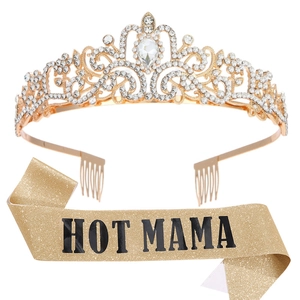 Golden crystal crown and Hot Mama glitter sash set for Mother's Day party celebrations