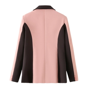 Back view of a casual pink and black patchwork blazer with structured tailoring details