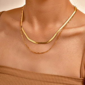 Gold layered stainless steel flat snake chain and paperclip link necklace for women