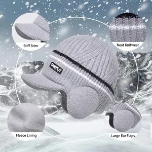 Men's winter knit baseball cap with ear flaps, stiff brim and warm fleece lining in gray