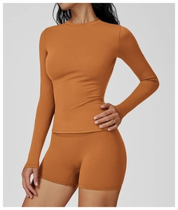 Detail view of women's slim-fit long sleeve yoga top and high-waist fitness shorts set