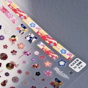 Japanese style 5D nail art stickers with cherry blossom and fan patterns on a blue base