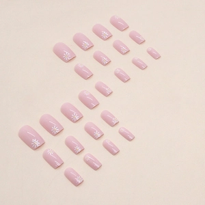 Pink press-on nails with white daisy pattern, 24 pieces set in medium-long square shape