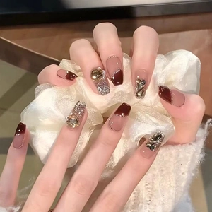 Handmade Press On Nails Coffin Shape Slanted French Burgundy Nude Glitter With Rhinestone Heart 3D Decoration For Women