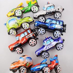 Various 3D cartoon vehicle foil balloons including police car and jeep for party decor