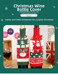 Detail of knitted Christmas wine bottle covers with reindeer and snowman patterns