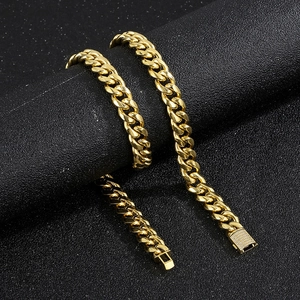 Golden 10mm Cuban link necklace and bracelet set with iced-out CNC diamond clasp