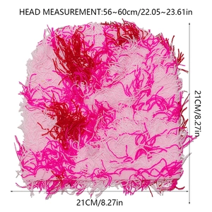 Detail showing pink fringe knit beanie with measurements 21x21cm and 56-60cm head size