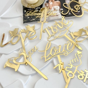 Gold mirror acrylic Love cake toppers set for Valentine's and wedding cake decoration