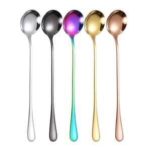 5-piece long handle stainless steel spoons in silver, black, gold, and rose gold finishes