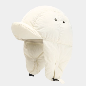 Detail of off-white windproof aviator hat with thick ear flaps and adjustable chin strap