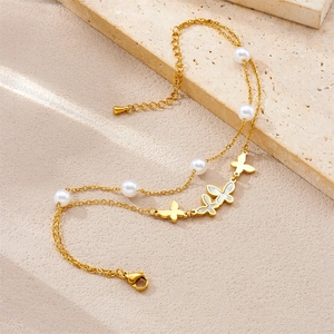 Double-layer gold stainless steel anklet with white pearls and shell butterfly charms