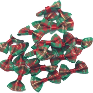 Red and green plaid bow ties with gold thread for pet accessories and DIY doll crafts