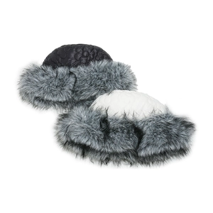 Detail of quilted winter bucket hats in black and white with thick grey faux fur trim