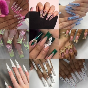 Long Plastic Press On Nails Coffin Stiletto False Nail Tips With Rhinestones Bows Flowers Decorative Manicure For Women