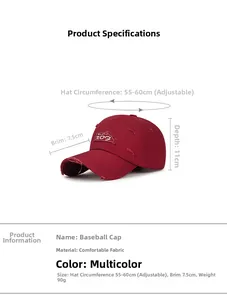 Size chart showing adjustable 55-60cm circumference for this distressed cotton baseball cap