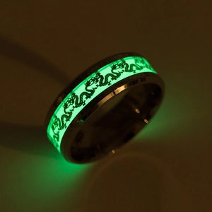 Glow-in-the-dark dragon patterned titanium steel ring for men with green luminous inlay