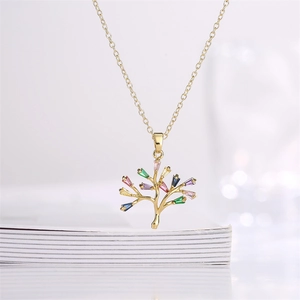 Micro-pave zircon tree pendant necklace with multicolor gemstones on a gold chain