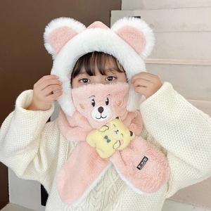 Detail of pink and white plush bear ear hat with integrated scarf on a child model