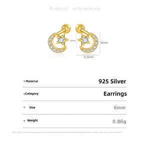 Detail view of S925 silver star and moon earrings with dimensions and specifications