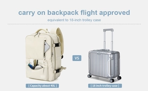 Comparison showing 40L travel backpack capacity equivalent to an 18-inch trolley case
