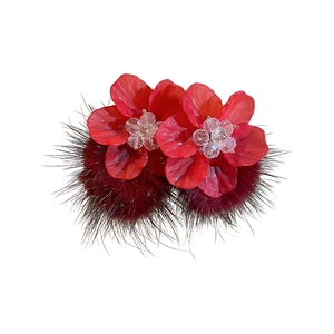 Elegant red acrylic flower earrings with plush pompom dangles for winter fashion