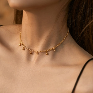 18K gold plated copper paperclip choker necklace featuring minimalist round bead charms