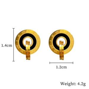 Detail view of Roman numeral earrings in gold finish with 1.4cm height dimensions