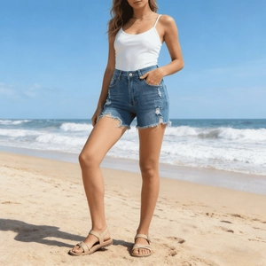 Gros plan sur le short en jean taille haute délavé avec ourlet effiloché et déchirures