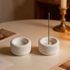 Minimalist white striped ceramic incense burner set for home fragrance decor
