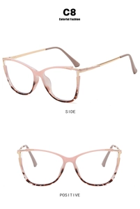 Cat-eye glasses frame with pink and tortoiseshell finish in side and positive views