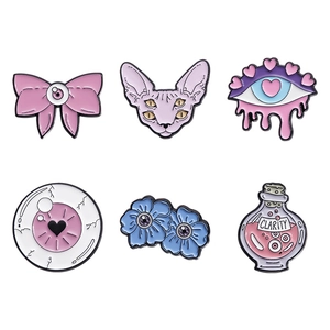 Set di 6 spille creative in smalto con occhio, gatto, fiore e flacone di pozione