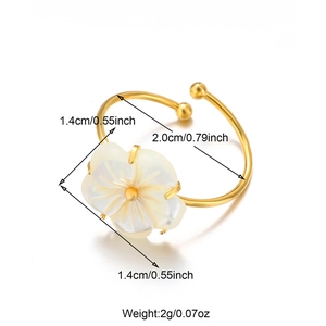 18k gold plated stainless steel camellia ring with white flower and open band design