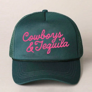 Detailed front view of dark green trucker hat with pink Cowboys & Tequila printing