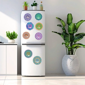 Set of 8 colorful mandala diamond art fridge magnets with symmetrical geometric patterns