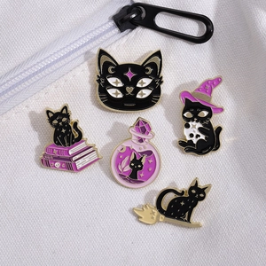 Five-piece Halloween black cat enamel pin set with magic potions and gothic wizard motifs