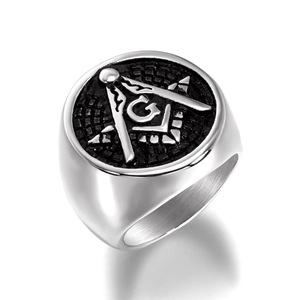 Vintage stainless steel Freemasonry ring with black square and compass G emblem